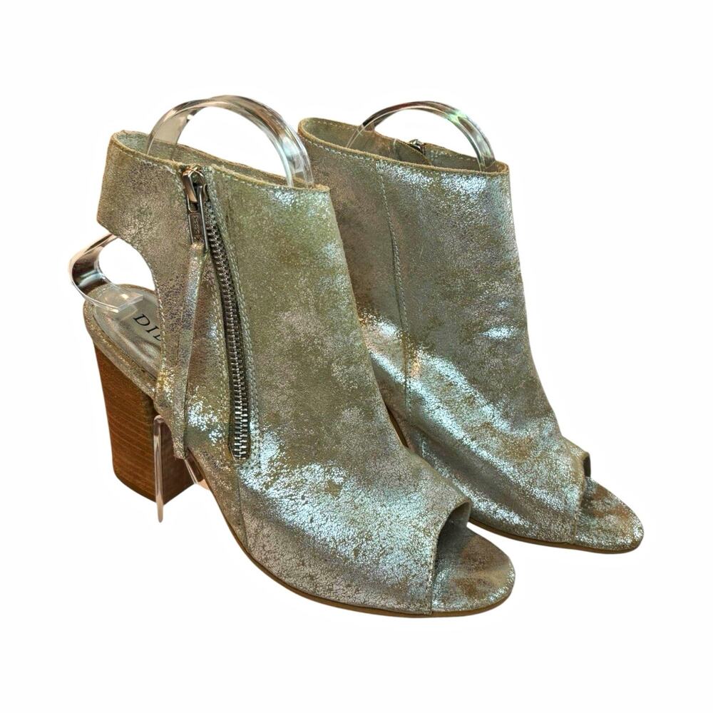 Diba True Ink Away Silver Metallic Leather Open Toe Booties Women’s Size 8